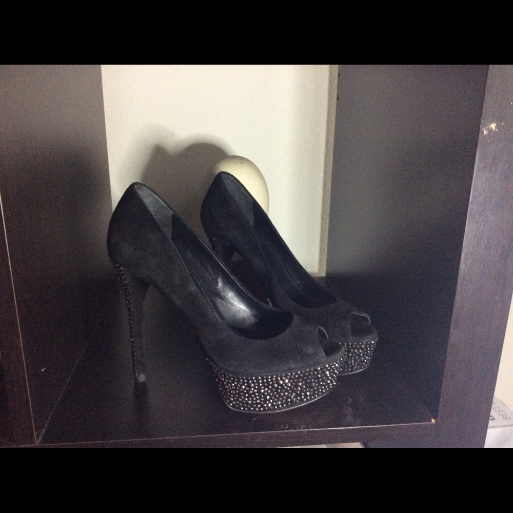 Brian Atwood Black Suede Crystal Studded Platform